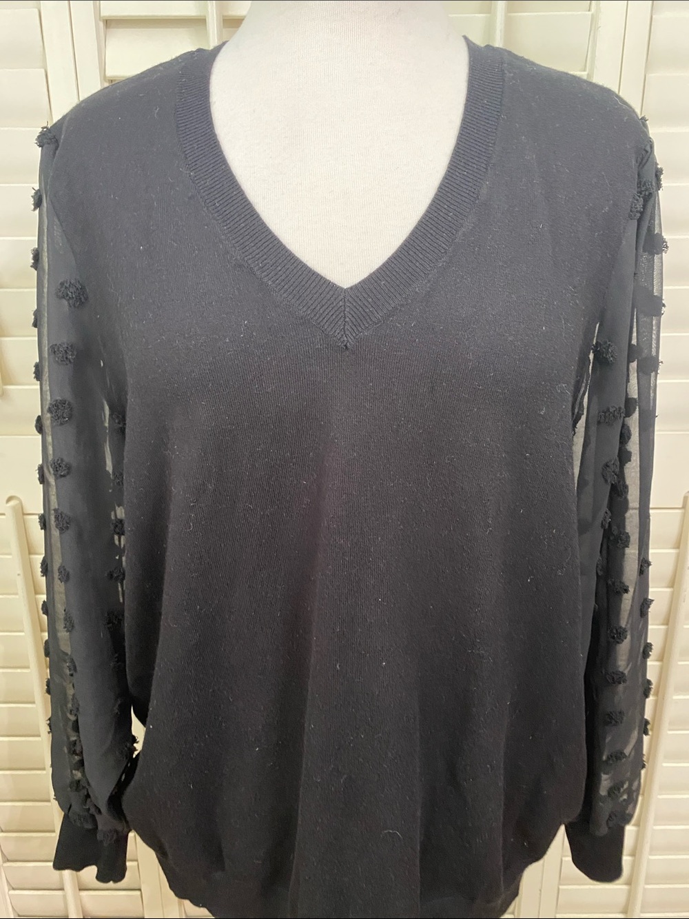 Black V-Neck Sweater Top with Sheer Dot-Trim Sleeves - Picture 6 of 6